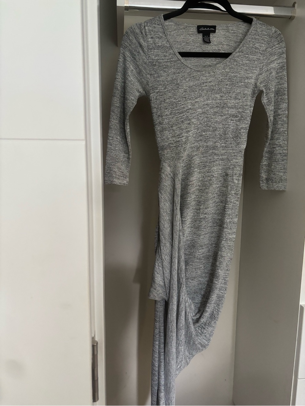 Gray Asymmetrical Knit Dress XS Draped Hem Stretch Casual Mini / Midi